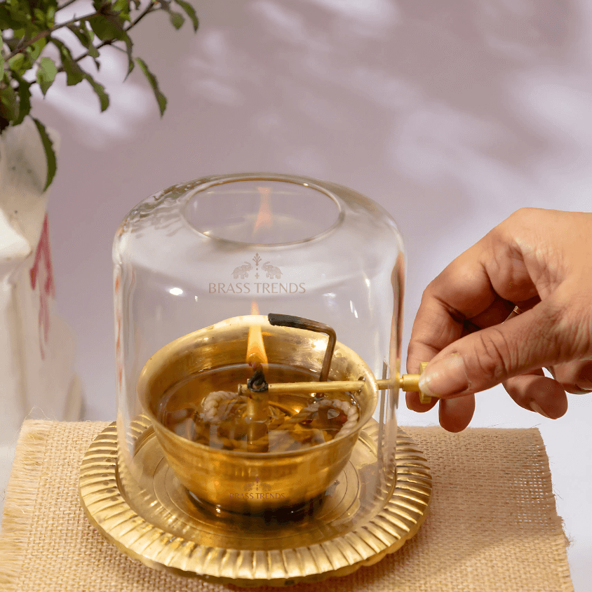 Brass Akhand Jyoti Diya with Screw Lever (Wick Lifting)